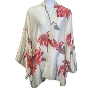 Asian Inspired Floral 100% Silk Kimono White Red Grey Open Front OSFM